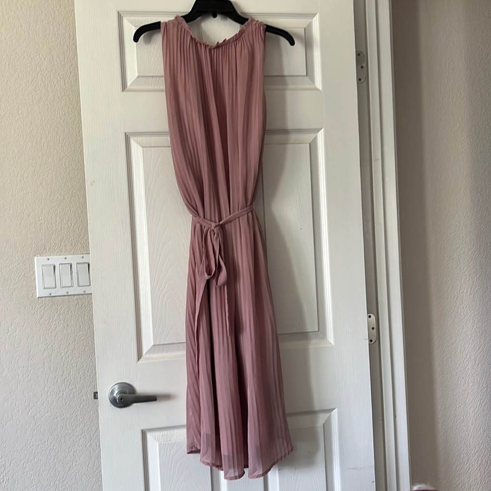 High Neck tulle Chiffon sleeveless pleated long dress pink M bridesmaid flowy